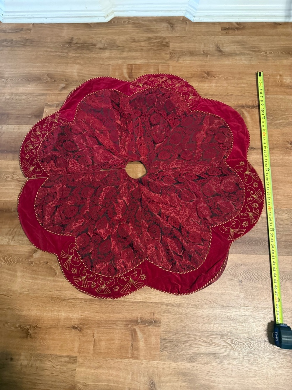 Embroidered Red Velvet Holiday Tree Skirt - Picture 4 of 7